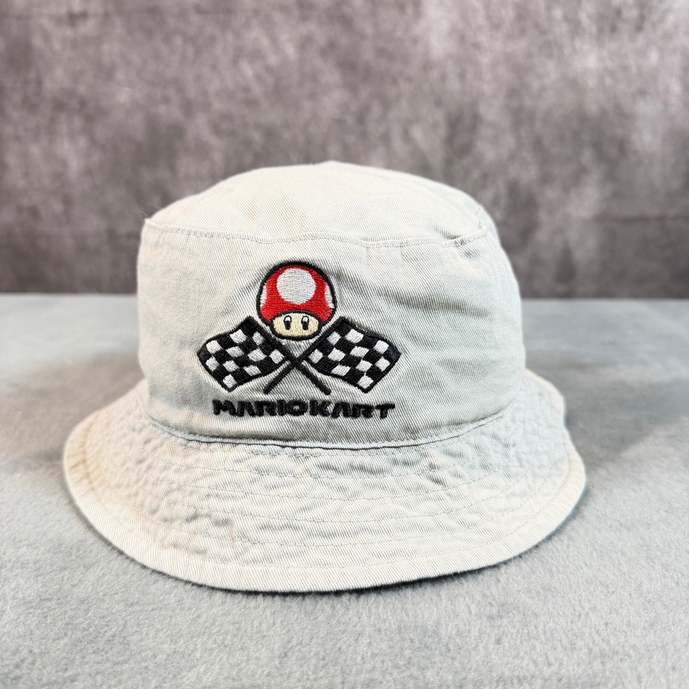 Nintendo Mario Kart Boys Reversible Bucket Hat Gray Mushroom Racing Print Hat